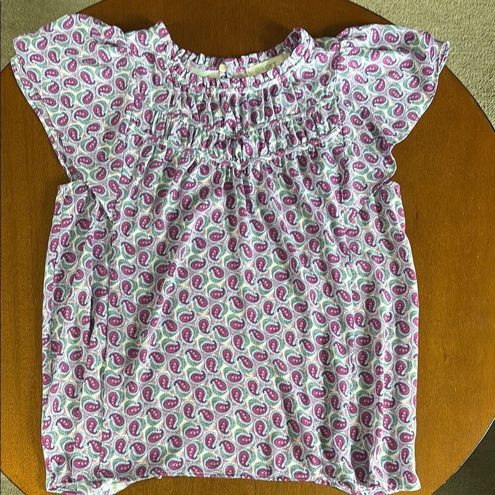 LOFT Pink and White paisley Blouse with Ruffled Neckline